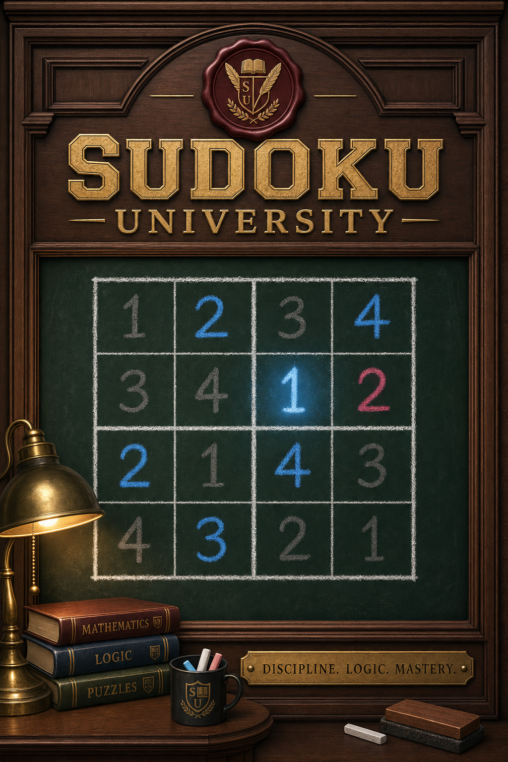 Visual concept for the studio's Sudoku game, showing a chalkboard-style grid with black given digits, blue solved digits, a blue highlighted step and a red conflicting digit, framed in a study-hall crest and wax seal motif.